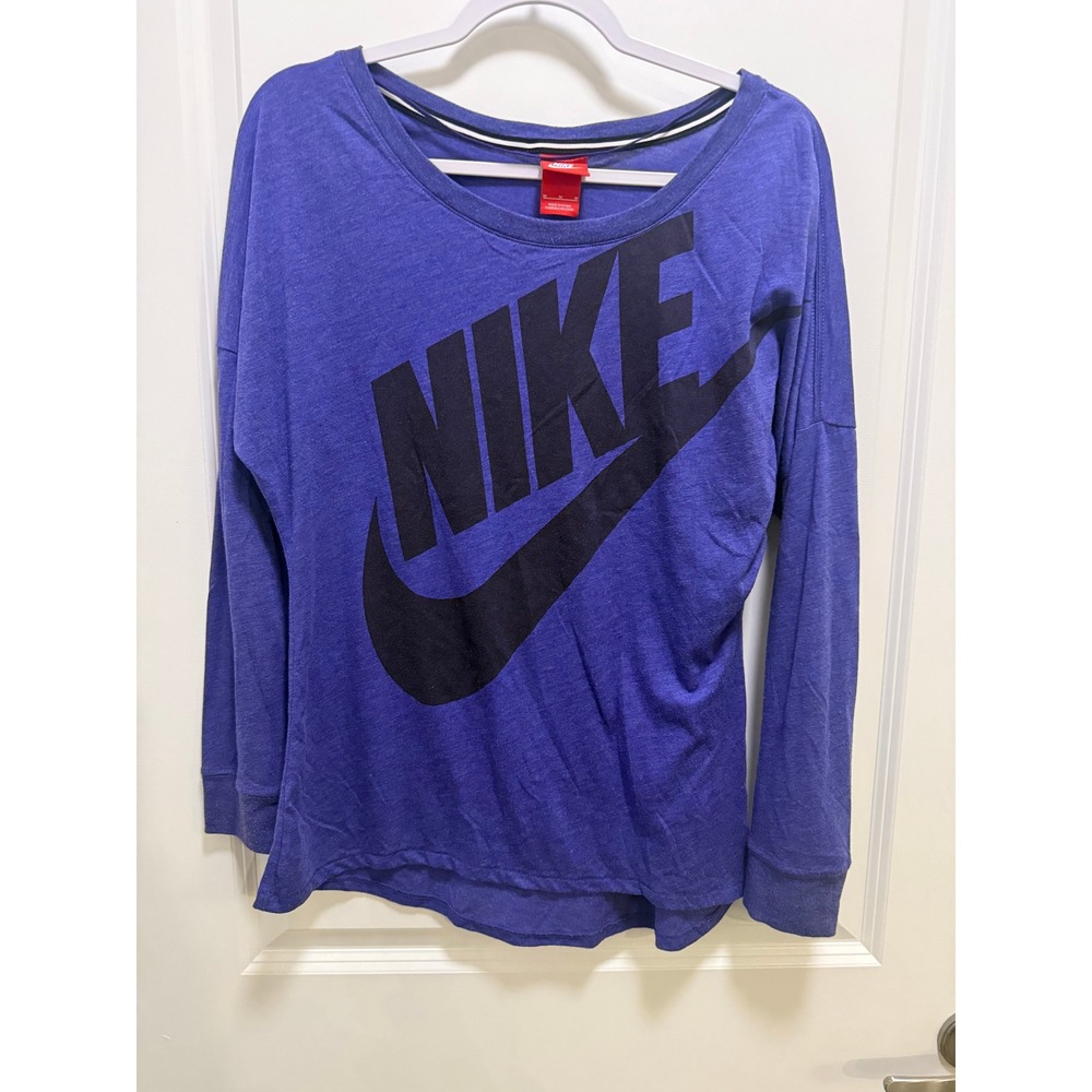 Nike Womens Long Sleeve Graphic Tee Purple Heathered Oversized Logo Size M